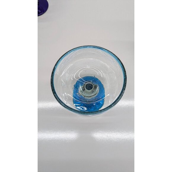 Mexican Hand Blown Glass Margarita Goblet Blue Rim Base Unique Design - Picture 4 of 10